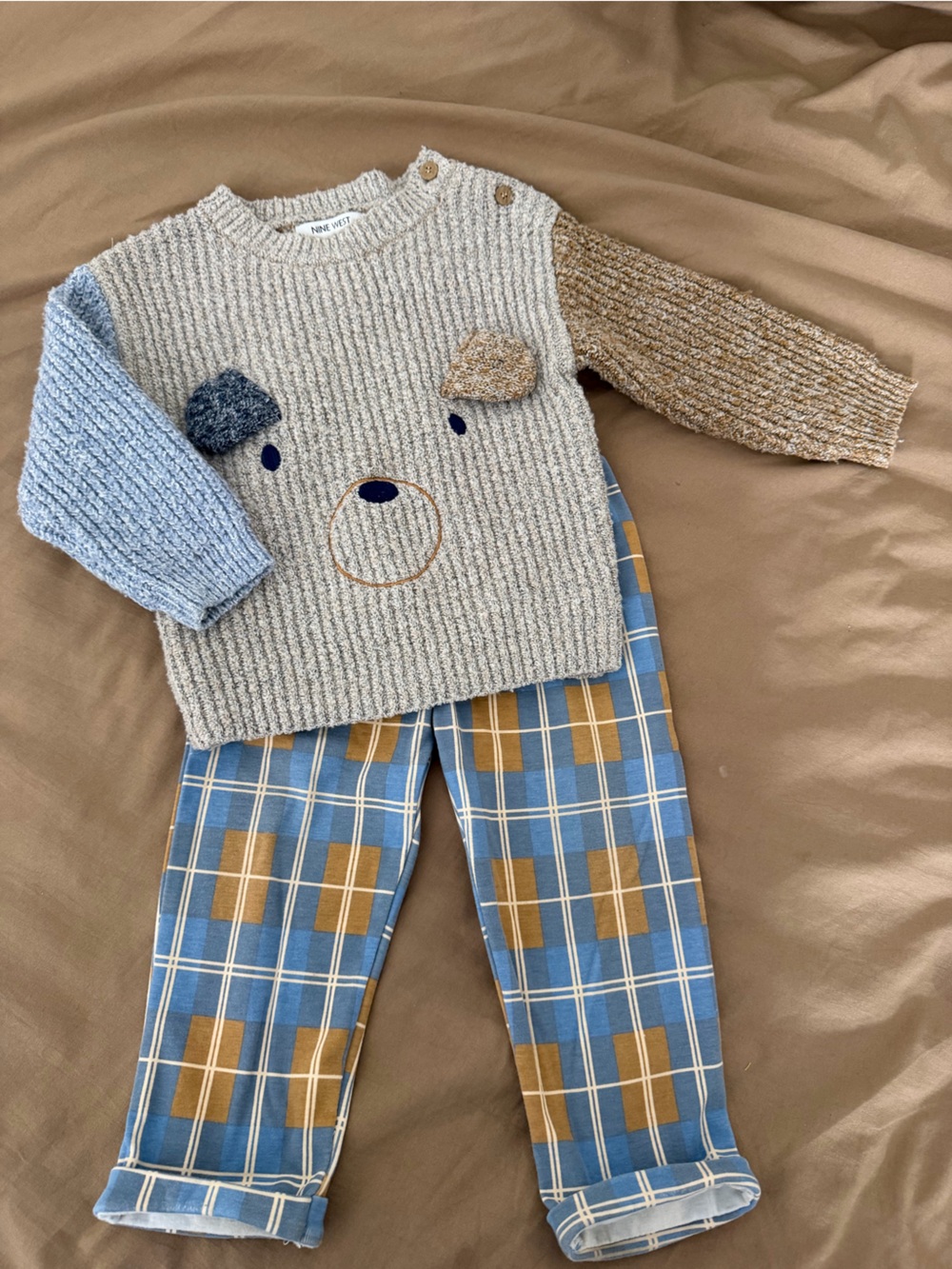 Nine West Kids Blue Plaid Leggings with Beige Knit Bear Sweater Set